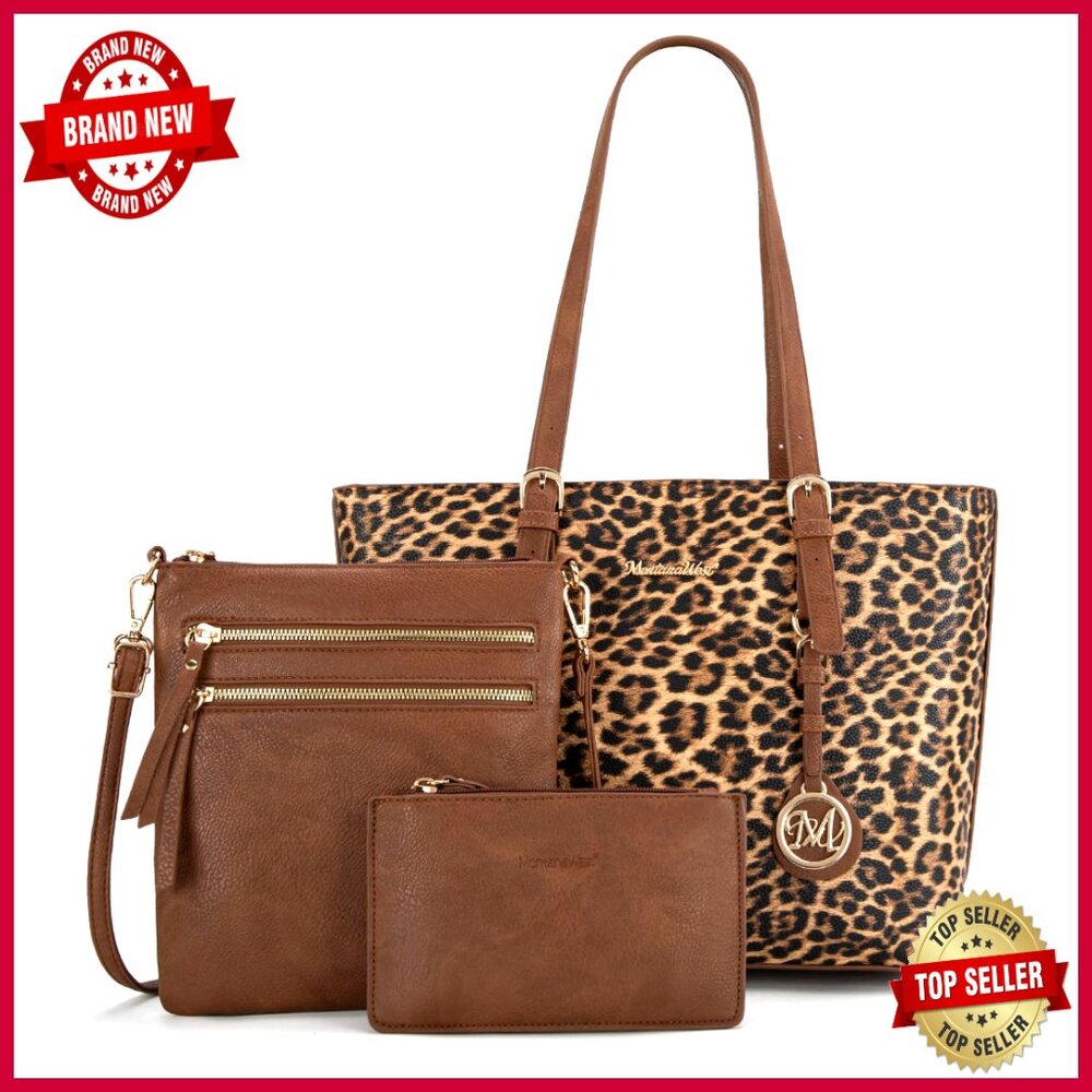 Leopard Print Tote Crossbody Wristlet Set Vegan Leather Handbags